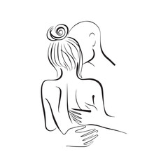 Loving couple in a passionate embrace, abstract minimalist line art drawing. Vector illustration for romance and relationship concepts.
