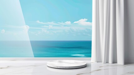 Fototapeta premium Showcase your products with a stunning white marble podium that perfectly frames a breathtaking sea view in the background.
