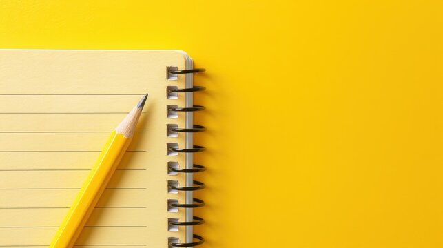 A bright yellow pencil rests on an open spiral notebook, ready for notes on education and business planning.