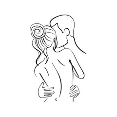 Loving couple in a passionate embrace, abstract minimalist line art drawing. Vector illustration for romance and relationship concepts.
