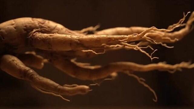 Closeup of ginseng root with thin tendrils brown tones dark background