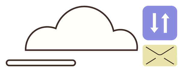 Cloud icon with progress bar, data transfer arrows, and envelope signifying storage, sharing, message exchange, and digital communication. Ideal for data, technology, internet cloud email