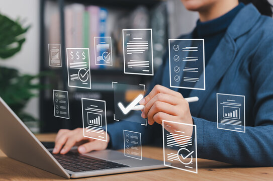 Digital Document Review and Approval Process Concept. Businesswoman approves and reviews with checkmark icons, workflow automation, quality control, certification, compliance verification, assurance,