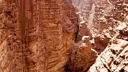 Spectacular aerial view in arrival to the Khazali Canyon in the desert of Wadi Rum, Jordan.