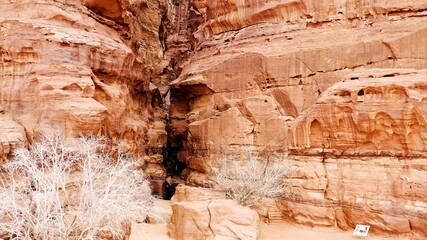 Spectacular aerial view in arrival to the Khazali Canyon in the desert of Wadi Rum, Jordan.
