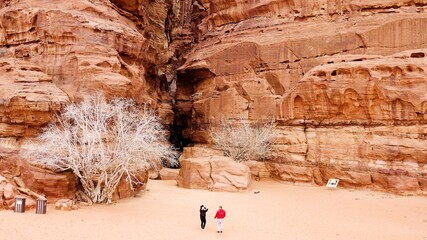 Spectacular aerial view in arrival to the Khazali Canyon in the desert of Wadi Rum, Jordan.