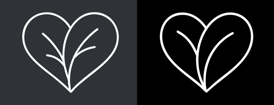 Minimalist heart icon made of two leaves &ndash; eco nature line art design, botanical outline symbol