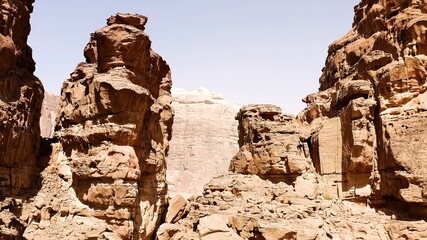 Aerial view of the spectacular rock formations and cliffs in the Wadi Rum National Park Protected Area, Jordan,