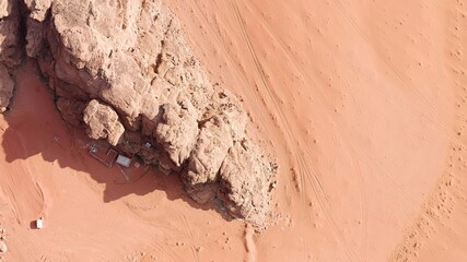 Aerial view of the arrival at one of the Bedouin camps for tourists, in the Wadi Rum desert, Jordan.