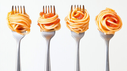 silver fork with pasta, tomatoes sauce and basil leaf isolated on white background 