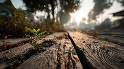 Resilience of nature captured in a sunlit seedling on rustic wooden planks