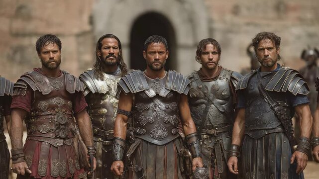 A Dramatic and Intense Scene Featuring Gladiators in Armor Engaged in Battle