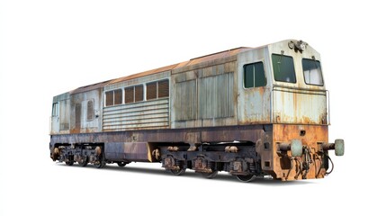 Fototapeta premium Rusty cargo train locomotive isolated on white, realistic industrial texture lighting.