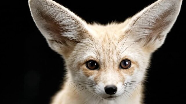 Fennec fox headshot black background large ears brown eyes tan fur dark nose