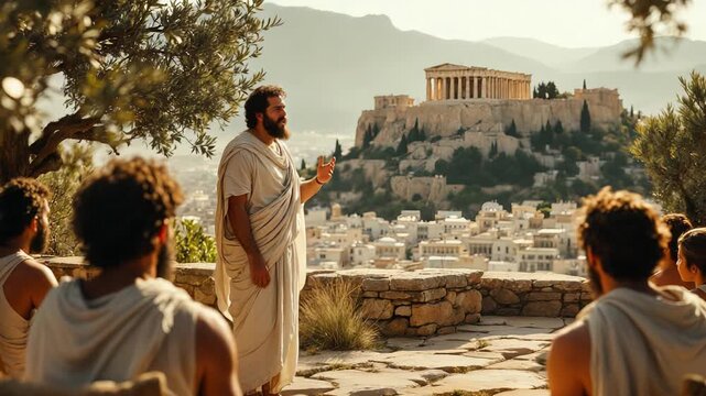 Ancient Philosopher Teaching in Athens with Acropolis in Background