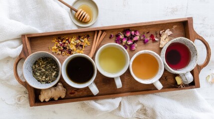 Overhead flat lay of assorted teas in ceramic cups with natural ingredients.
