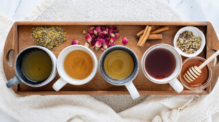 Overhead flat lay of assorted teas in ceramic cups with natural ingredients.
