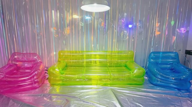 Vibrant pink, green, and blue inflatable sofas and armchairs creating a playful lounge area against an iridescent backdrop, illuminated by a simple ceiling light