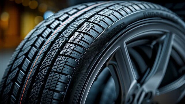 Mechanic checking tires air pressure Close-up of a tire showcasing tread patterns and blurred background.	
