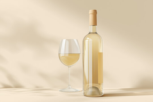 Clear white wine bottle mockup no label, with chilled wine glass, subtle reflections, soft cream or beige background