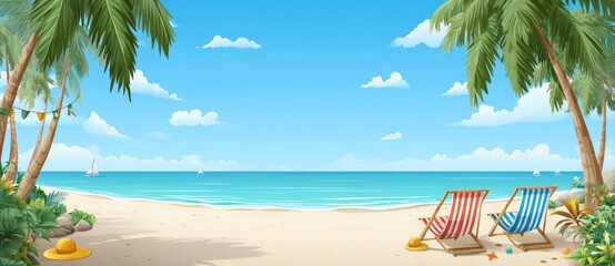 Obraz premium Tropical beach scene with palm trees, ocean, and beach chairs