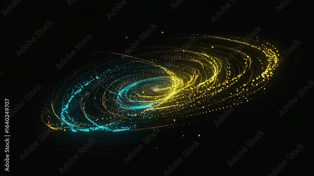 Wall mural golden and cyan particles are rotating, creating a mesmerizing spiral galaxy effect against a black 
