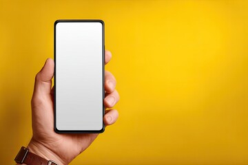 Hand holding a smartphone with a blank screen against a bright yellow background