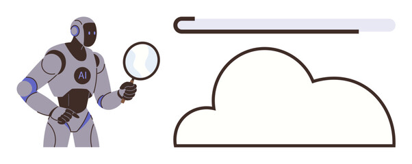 AI robot holding magnifying glass inspecting cloud shape with a progress bar above. Ideal for data analysis, cloud computing, artificial intelligence, technology, digital transformation, machine