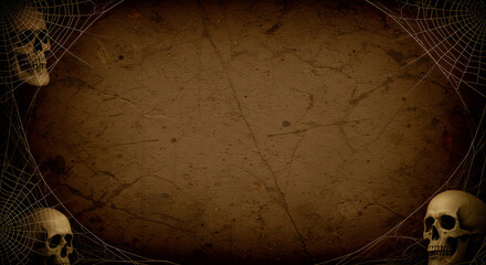 Halloween dark parchment with spider web and skulls, AI generated