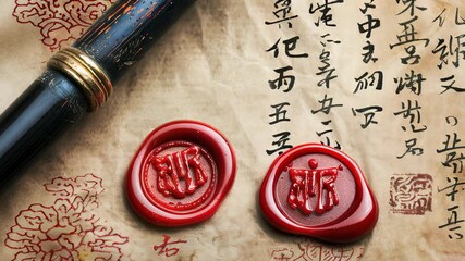 Elegant antique Chinese calligraphy document, complete with delicate script, striking red wax seals, and a classic ink brush. A testament to traditional Asian art.