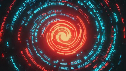Glowing futuristic red and blue vortex spinning against a black background with alien glyphs, creating a mesmerizing technological and cosmic atmosphere - Powered by Adobe