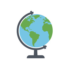 A simple flat design illustration of a world globe on a dark grey stand, showing the Americas.