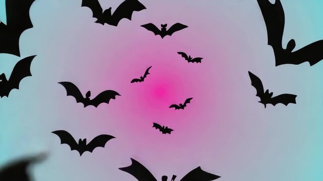 Black bat silhouettes flying against a gradient pink and blue halloween background, creating a spooky and festive atmosphere perfect for capturing the essence of october celebrations