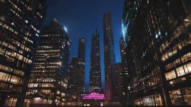 Modern metropolis showcasing towering skyscrapers with glowing windows and futuristic architecture at dusk, creating a captivating urban scene - Powered by Adobe