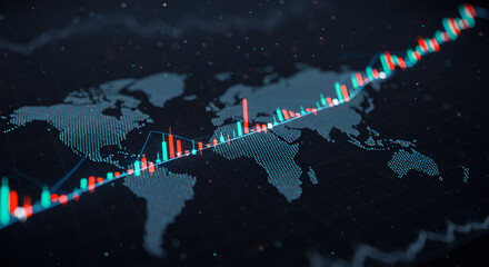 Global Financial Market Candlestick Chart Displayed Over World Map on Dark Background