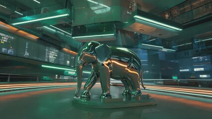 Chrome elephant statue standing in the middle of a futuristic glass and metal building interior with moving lights, creating a stunning and surreal atmosphere - Powered by Adobe