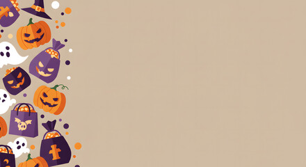 Halloween pumpkin candy border on beige background, AI generated