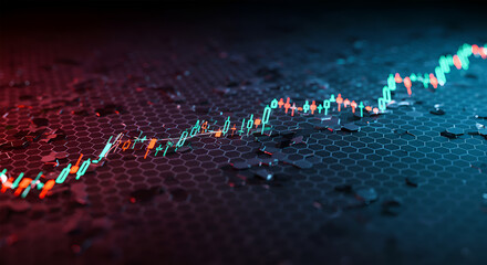 Dynamic Financial Stock Market Candlestick Chart and Line Graph with Red and Green Glow on Dark Hexagonal Background