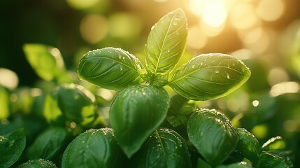 Basil plant with green leaves and water droplets illuminated by sunlight outdoors.