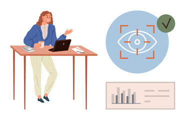 Woman standing at a desk with a laptop discussing analytics. Eye icon highlighted, validated with a checkmark, next to data chart. Ideal for business, technology, strategy, analysis, innovation