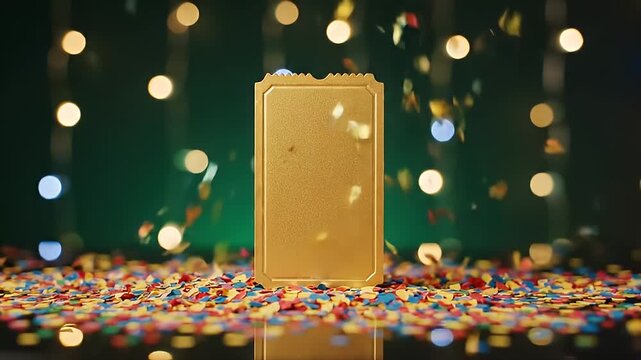 A gleaming golden blank ticket stands tall, surrounded by a cascade of vibrant, colorful confetti, signifying triumph