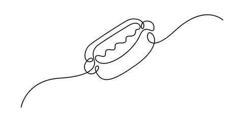 Hot dog continuous one line drawing. Continuous single line drawing of hot dog. American, fast food concept. Single line drawing. Vector illustration