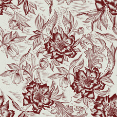 Floral seamless pattern with hellebores. Textile design. Classic French print. Toile de jouy flowers wallpaper, pattern, background. Nature vintage seamless pattern. Vector pattern 