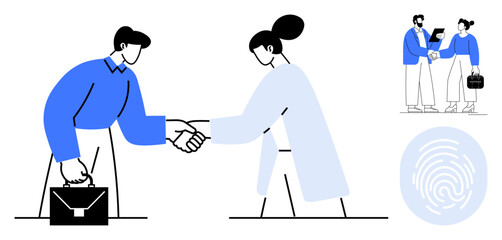Business professionals shaking hands, symbolizing partnership and trust. Thumbprint icon and group meeting suggest secure agreements, teamwork, and connection. Ideal for collaboration, trust