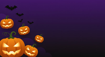 Dark purple halloween background with bats and pumpkins, AI generated