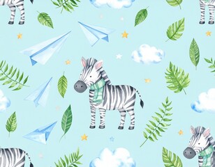 Watercolor airplane kid seamless pattern. Watercolor toy background baby cartoon cute pilot hippopotamus, zebra with hippo, lion aviation sky transport airplanes, clouds