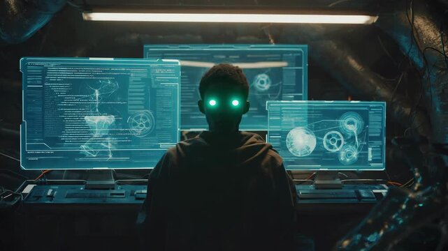 Futuristic hacker with glowing eyes is working on transparent computer screens with holographic data and code in a dark room, possibly engaged in cybercrime or advanced technological development