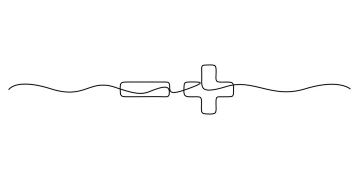 Continuous one line drawing of plus and minus signs. Plus and minus signs. Abstract background drawn with one line. Doodle vector illustration