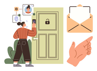 Woman using fingerprint and facial recognition to access a secure door, surrounded by icons representing technology, privacy, access control, communication, safety, innovation, and biometrics. A