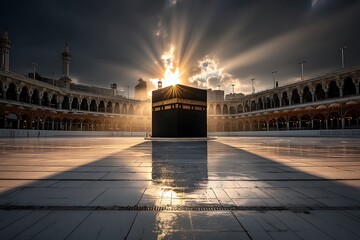 Dramatic sun rays over the Kaaba in Mecca with Saudi Arabia, and Islam holy site.